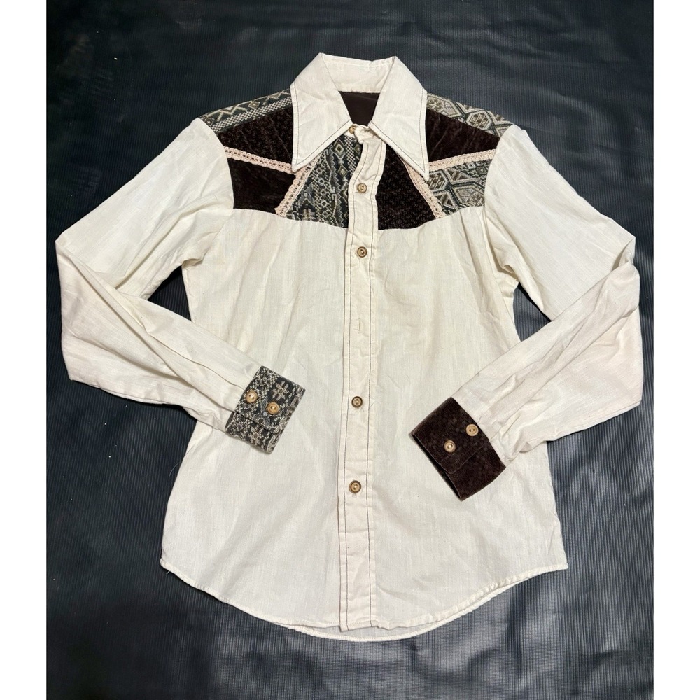 70s VINTAGE Patchwork Brown Cream ButtonDown Western Shirt Pinup Rockabilly Boho - Picture 1 of 10
